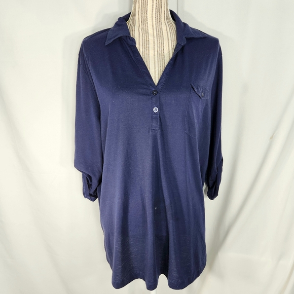 Riders by Lee Navy Button V Neck w/Pocket Tab Sleeve Top Plus Size 1X - Picture 1 of 5